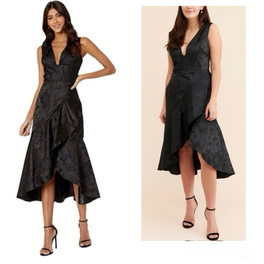Monique Lhuillier BHLDN Dress Jacquard Midi Plunging Neck Ruffle Hem Floral NWT